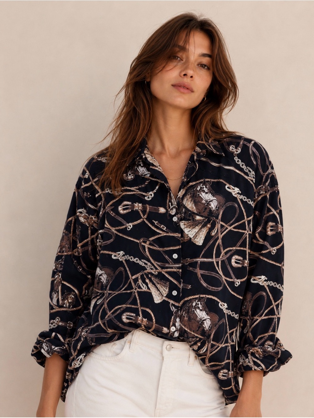 Vintage Bit & Bridle Equestrian Horse Print Shirt Black Cotton Large